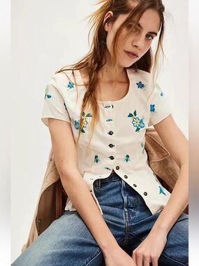NWT Free People “Kelly” Embroidered Floral Blouse Cream | $148 USD Retail | S
